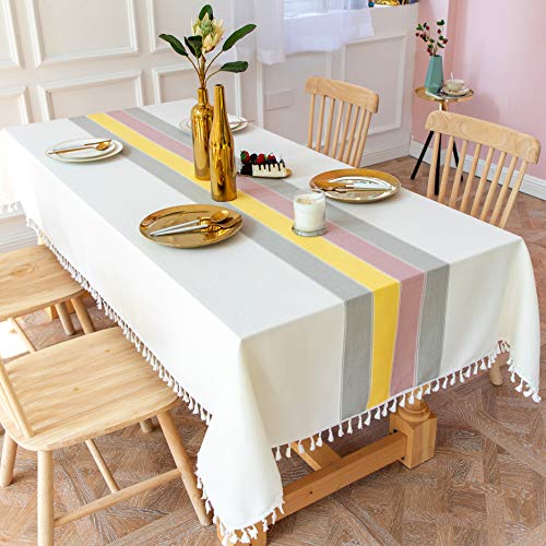 SUNBEAUTY Mantel Cuadrado Antimanchas 140x140 Algodon Lino con Borlas Mantel Elegante Tela Table Cloth Square Tablecloth para Mesa de Comedor