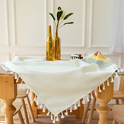 SUNBEAUTY Mantel Cuadrado Antimanchas 140x140 Algodon Lino con Borlas Mantel Elegante Tela Table Cloth Square Tablecloth para Mesa de Comedor