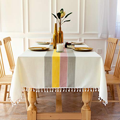 SUNBEAUTY Mantel Cuadrado Antimanchas 140x140 Algodon Lino con Borlas Mantel Elegante Tela Table Cloth Square Tablecloth para Mesa de Comedor