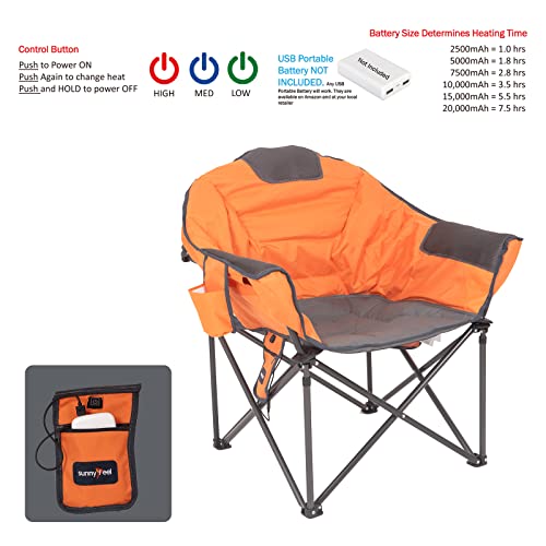 SUNNYFEEL Silla de Camping de Gran tamaño, Plegable, con calefacción, Asiento Caliente, cojín Acolchado, Resistente 500 Libras, sillas de platillo Redondo con Soporte(Naranja)