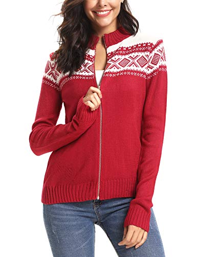 Sykooria Cárdigan Cremallera Mujer Navidad Manga Larga Jerseis Invierno Cuello Alto Chaqueta de Sueter Casual Elástico Cárdigan Festival Elegante Rojo XL