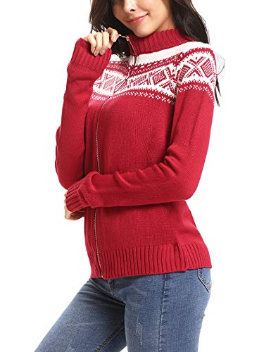 Sykooria Cárdigan Cremallera Mujer Navidad Manga Larga Jerseis Invierno Cuello Alto Chaqueta de Sueter Casual Elástico Cárdigan Festival Elegante Rojo XL