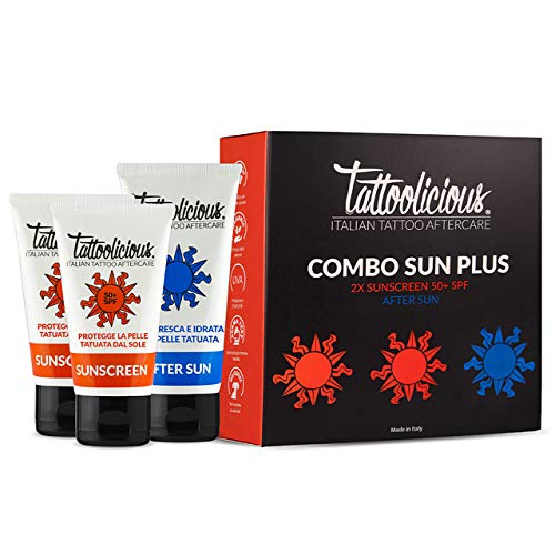 Tattoolicious COMBO SUN PLUS - SUNSCREEN 50+SPF Crema solar para tatuajes, 150 ml (2 tubos de 75 ml) + AFTER SUN Después del sol para tatuaje, 100 ml