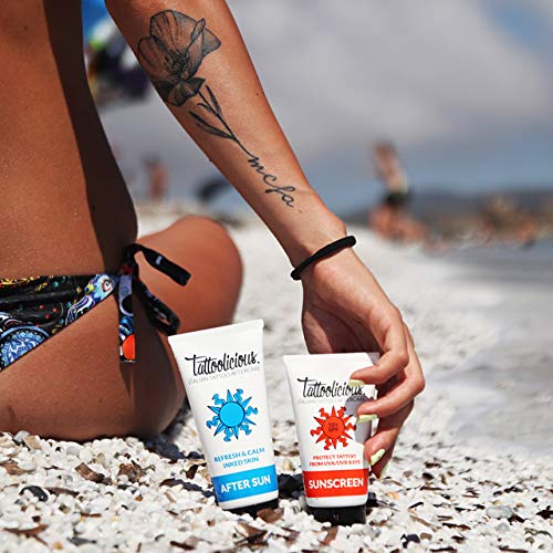 Tattoolicious COMBO SUN PLUS - SUNSCREEN 50+SPF Crema solar para tatuajes, 150 ml (2 tubos de 75 ml) + AFTER SUN Después del sol para tatuaje, 100 ml