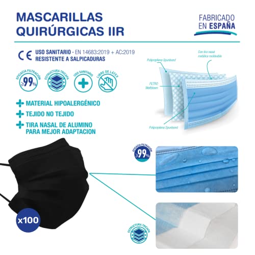 TECNOL HEALTH Mascarillas Quirúrgicas Negras - Fabricadas en España - 100 unidades - Tipo IIR - BFE > 99% - 3 Capas y Sin Grafeno - Pack de Mascarillas Homologadas para Adultos