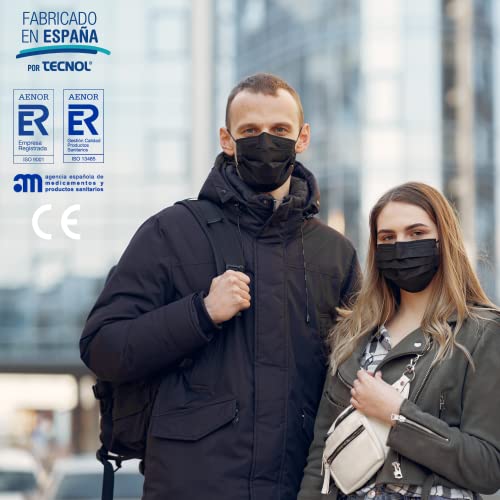 TECNOL HEALTH Mascarillas Quirúrgicas Negras - Fabricadas en España - 100 unidades - Tipo IIR - BFE > 99% - 3 Capas y Sin Grafeno - Pack de Mascarillas Homologadas para Adultos