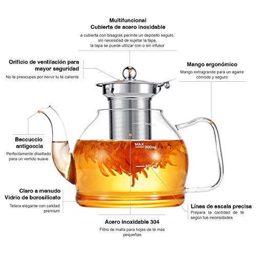 Tetera, 1200ML Tetera Cristal, Teteras con Infusor Elegante-da para 4-6 tazas, Teteras Para te con Filtro de Borosilicato con Tapa, Adecuado para té perfumado, té a granel, café, etc