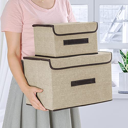 Timertick Caja de Almacenaje Ropa Plegable, 3 Cajas Organizadoras con Tapa y Asa, Caja de Almacenaje de Tela (Beige)