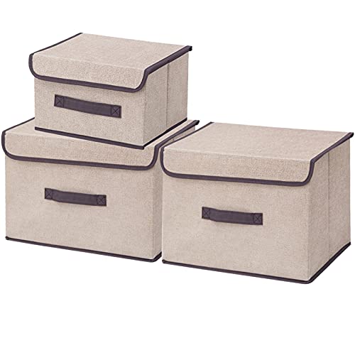 Timertick Caja de Almacenaje Ropa Plegable, 3 Cajas Organizadoras con Tapa y Asa, Caja de Almacenaje de Tela (Beige)