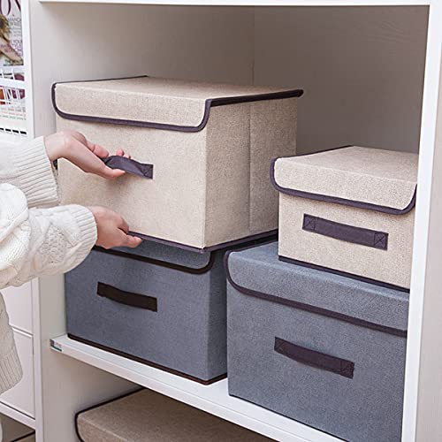 Timertick Caja de Almacenaje Ropa Plegable, 3 Cajas Organizadoras con Tapa y Asa, Caja de Almacenaje de Tela (Beige)