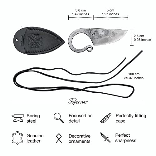 Toferner - Cuchillo de Acero Celta - Forjado a Mano y Aspecto Vintage - Hoja Puntiaguda Ultra Afilada - Elegante diseño Antiguo - Incluye Estuche de Cuero auténtico