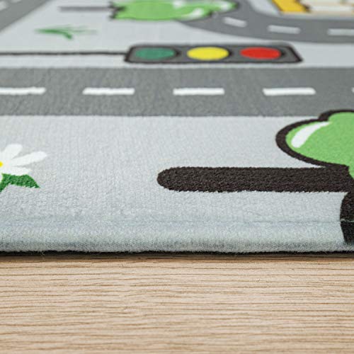 TT Home Alfombra Infantil Alfombra De Juego Bebé Niños Carreteras Motivo Ciudad Coche, Color:Gris, Tamaño:Ø 120 cm Redondo