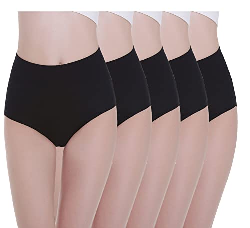 TUUHAW Braguita de Talle Alto Algodón para Mujer Pack de 5 Culotte Bragas de Cintura Alta Cómodo Talla Negro L