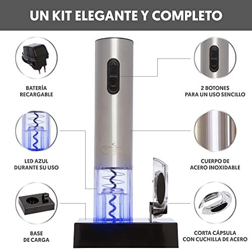 Twinz'up Sacacorchos Eléctrico Inalámbrico - Estuche Premium con Cortador de Cápsulas y Base de Recarga - Profesional Automatico Abrelatas de Vino - El Regalo Ideal - Abridor Botellas