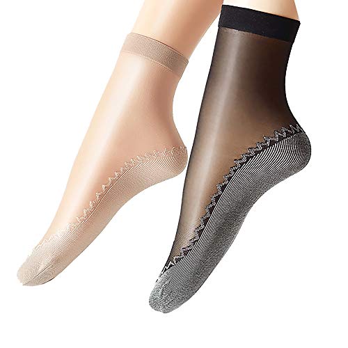 Ueither 6 Pares de Calcetines Altos con Punta Reforzada Algodón Sedoso Antideslizante Para Mujer (4 Pares Beige 2 Pares Negro)