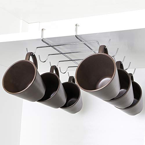 UPP colgador de cocina, soporte colgante para tazas de café y utensilios I organizador de cocina, 10 ganchos, cromado I rack sujetador, almacenamiento eficiente bajo gabinete, armario (28x5x22cm Ø4mm)