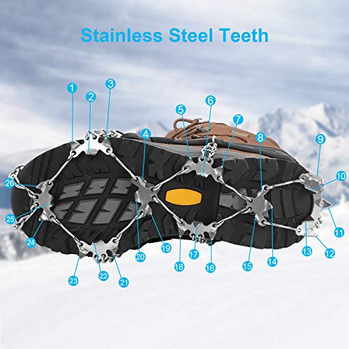 VANPO Crampones, 26 Dientes Crampones Nieve, Crampones Ligero de Nieve Hielo con Antideslizantes Cadena de Acero Inoxidable para Cámping Pesca Trotar Alpinismo Acampada Senderismo Marcha Invierno (XL)