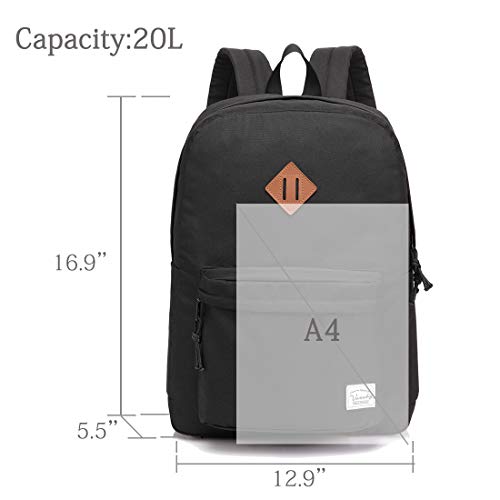 VASCHY Mochilas Escolares,Livianas Mochila Instituto Casual Clásica Impermeable Mochila Hombre Pequeña Portatil Backpack para 15,6 Pulgadas Negro