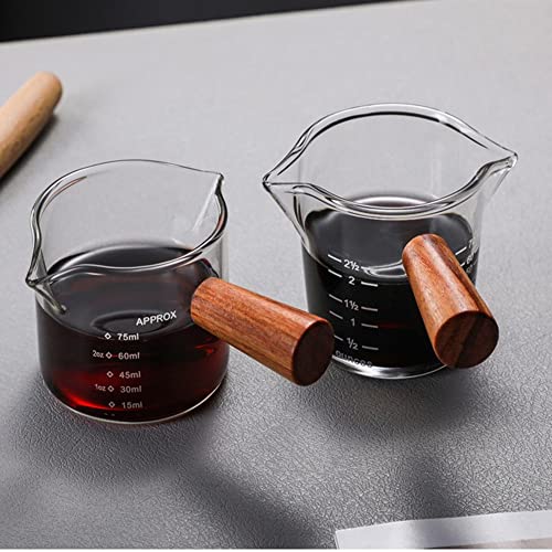 Vaso de Medición de Doble Boquilla con Mango de Madera, Vaso Medidor Espresso, Vaso de Cristal con Doble Boquilla Para Café con Escala Resistente a la Temperatura, con Mango de Vertido (5.5cm*6cm)