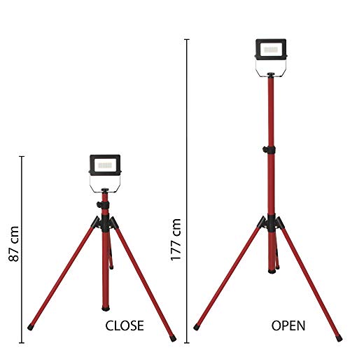 Velamp IS749-2 proyector LED en trípode, 1600lm 20W, Rojo, Cable de 3m, Resistente al Agua IP65. Uso al Aire Libre, Obras, Fiestas y Barbacoa en el jardín, 20 W, Negro