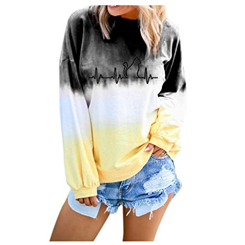 VEMOW Sudaderas Blusa Camisa De Las Mujeres Gradiente Contraste  Gato De Color Impreso Manga Larga Parte Superior Pull-Over Camisa De Entrenamiento Camiseta Tops(Negro,3XL)