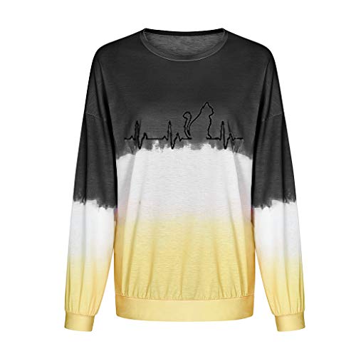 VEMOW Sudaderas Blusa Camisa De Las Mujeres Gradiente Contraste  Gato De Color Impreso Manga Larga Parte Superior Pull-Over Camisa De Entrenamiento Camiseta Tops(Negro,3XL)