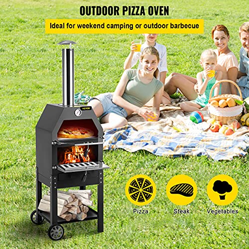 VEVOR Horno de Pizza 2 Capas 12 Pulgadas Horno Leña de Pizza para Exteriores Temperatura Máxima 500 ℃ Horno Leña de Pizza Portátil al Aire Libre Combustible Madera Carbón para Camping Jardín Parque