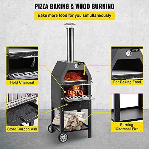 VEVOR Horno de Pizza 2 Capas 12 Pulgadas Horno Leña de Pizza para Exteriores Temperatura Máxima 500 ℃ Horno Leña de Pizza Portátil al Aire Libre Combustible Madera Carbón para Camping Jardín Parque