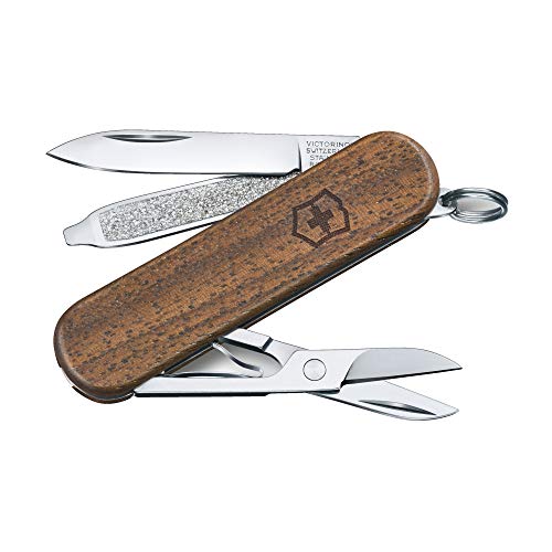 Victorinox Taschenmesser Classic SD Wood (5 Funktionen Klinge Schere Nagelfeile) Holz in Blister 58 mm Navaja Multiusos (5 Funciones, Cuchilla, Tijeras, Lima de uñas), Acero Inoxidable, Madera