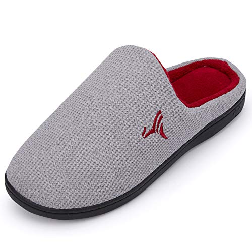 VIFUUR Hombre Zapatillas de casa Espuma de Memoria de Alta Densidad Cálido Interior Lana al Aire Libre Forro de Felpa Suela Antideslizante Zapatos Gris/Rojo 46/47