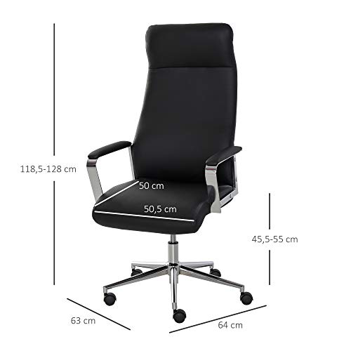 Vinsetto Silla de Oficina Ergonómica Giratoria Ajustable en Altura Basculante con Reposabrazos y Respaldo Alto Ruedas para Oficina Hogar 63x64x118,5-128 cm Negro