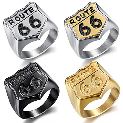 Vioness Anillo de acero inoxidable para hombre, con diseño de ruta 66 grabado, chapado en banda de biker, Acero inoxidable,