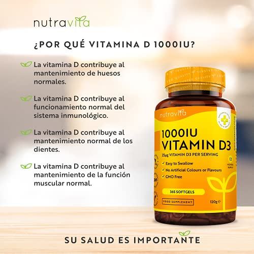 Vitamina D3 1000 UI - 365 Cápsulas de Gel de Colecalciferol (Suministro Para Un Año) - Vitamina D Contribuye al Mantenimiento de Huesos y Dientes Normales - Hecho en el Reino Unido por Nutravita