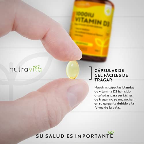 Vitamina D3 1000 UI - 365 Cápsulas de Gel de Colecalciferol (Suministro Para Un Año) - Vitamina D Contribuye al Mantenimiento de Huesos y Dientes Normales - Hecho en el Reino Unido por Nutravita