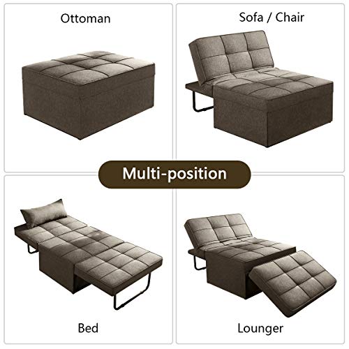 Vonanda Sofá cama, silla convertible 4 en 1 multifunción plegable otomana moderna cama de lino transpirable con cama ajustable para habitación pequeña, apartamento, marrón claro