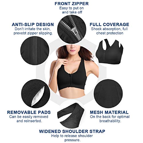 Voqeen Sujetador Deportivo Mujer con Cremallera Frontal de Alto Impacto Sexy Push Up con Almohadillas Extraíbles Bra Deporte de Diaria Slim Fit sin Aros de Acero Chaleco (Negro + Gris, XL)