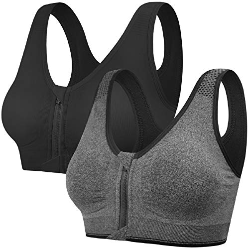 Voqeen Sujetador Deportivo Mujer con Cremallera Frontal de Alto Impacto Sexy Push Up con Almohadillas Extraíbles Bra Deporte de Diaria Slim Fit sin Aros de Acero Chaleco (Negro + Gris, XL)