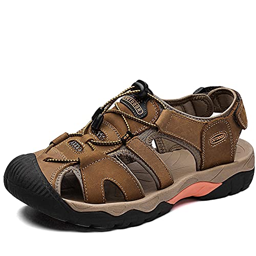 VTASQ Sandalias Hombre Verano Piel, Aire Libre Deportivas Playa Antideslizantes Zapatos Senderismo Sandalias con Punta Cerrada Zapatos de Senderismo Marron Oscuro 43EU