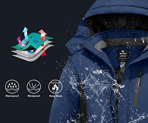 Wantdo Abrigo para Exteriores Snowboard Chaqueta de Esquí Montaña Impermeable Chaqueta Cálida Aislada con Vellón Parka con Capucha de Nieve Invierno para Hombre Azul Oscuro Small