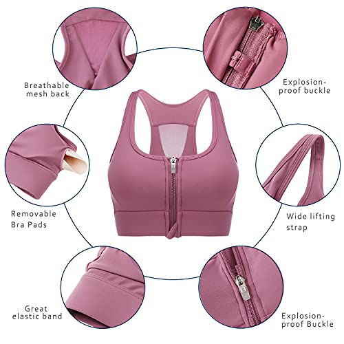 Wayleb Sujetador Deportivo Mujer Alto Impacto Sujetador Push Up Inalámbrico Cremallera Frontal con Almohadillas Extraíbles Sports Bra Cómodos Suave para Yoga Running,Rosa-Cremallera,L