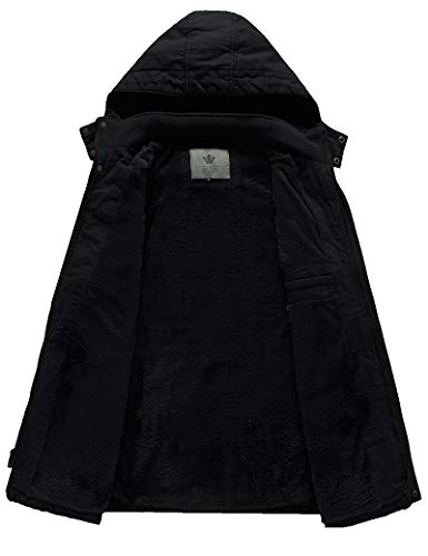 WenVen Chaqueta de Algodón a Prueba de Viento Parka Casual Militar Clásica Parka Capucha Gruesa Extraíble con Pelo Cazadora Entretiempo Bolsillos Múltiples Hombres Negro L