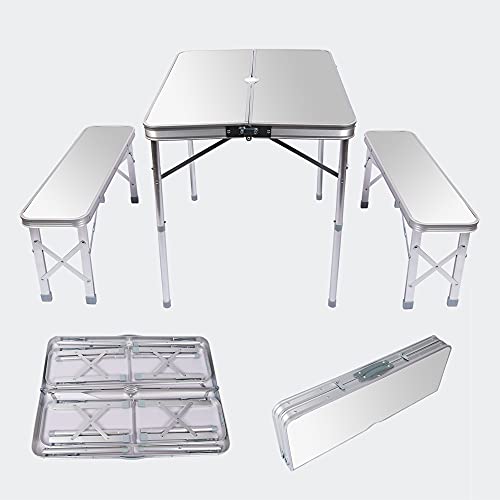 WilTec Mesa Maleta Camping Picknick con 2 Bancos 90x66x70cm Plegable Aluminio Color Plateado Portátil Jardín