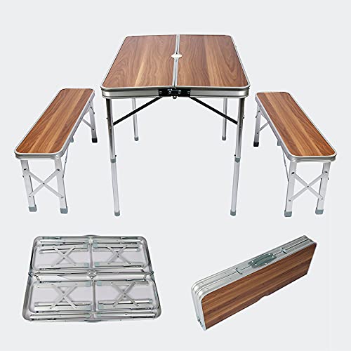 WilTec Mesa Maleta Camping Picknick con 2 Bancos 90x66x70cm Plegable Aluminio Efecto Madera Portátil Jardín