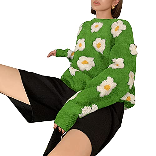 Women Casual Loose Long Sleeve Sweather Crew Neck Floral Print Knit Pullover Y2K Oversized Sweatshirt Pullover (Green, One Size)