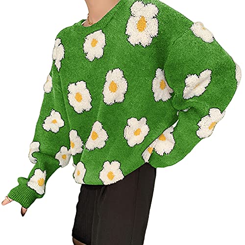 Women Casual Loose Long Sleeve Sweather Crew Neck Floral Print Knit Pullover Y2K Oversized Sweatshirt Pullover (Green, One Size)