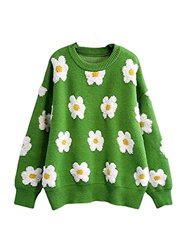 Women Casual Loose Long Sleeve Sweather Crew Neck Floral Print Knit Pullover Y2K Oversized Sweatshirt Pullover (Green, One Size)