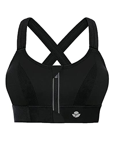 YIANNA Sujetador Deportivo Mujer Alto Impacto con Relleno Cremallera Cierre Delantero Tallas Grandes Sujetadores sin Aros Yoga Sports Bra Negro, 151 Size L