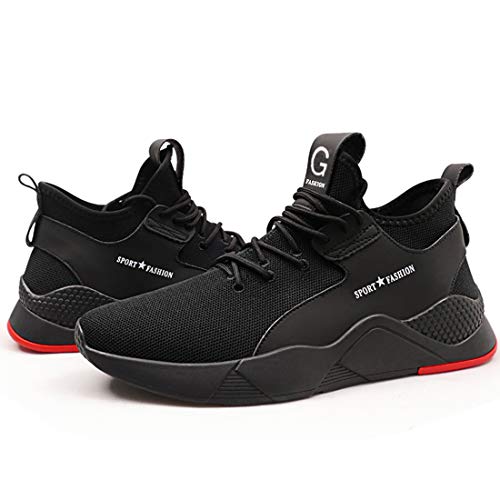 YISIQ Zapatos de Seguridad para Hombre Mujer Transpirable Ligeras con Puntera de Acero Trabajo Calzado de Zapatos de Industrial y Deportiva Unisex, 09 Negro Rojo, 42 EU