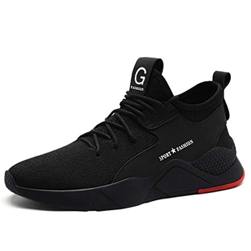 YISIQ Zapatos de Seguridad para Hombre Mujer Transpirable Ligeras con Puntera de Acero Trabajo Calzado de Zapatos de Industrial y Deportiva Unisex, 09 Negro Rojo, 42 EU