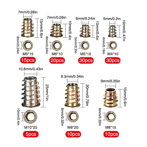 YIXISI 120 Piezas Tuercas Hexagonales de Aleación de Zinc, Tuerca Roscada de Tornillo Hexagonal para Muebles M4 / M5 / M6 / M8 / M10, para Muebles de Madera